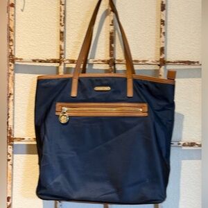 Michael Kors Kenton Nylon Navy Tote with Brown Leather Trim 16” x 14” x 5”